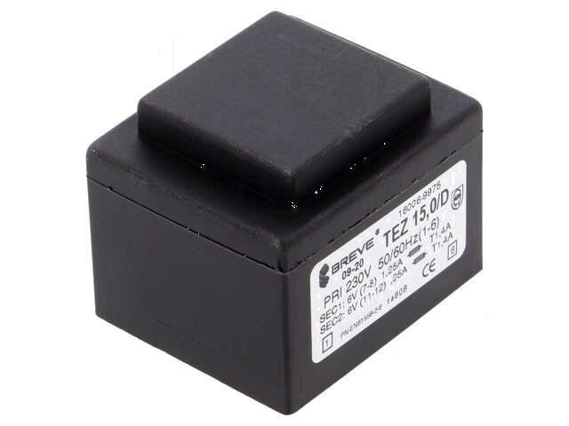 Transformator: ingegoten; 15VA; 230VAC; 6V; 6V; 1,25A; 1,25A; PCB Transformator: ingegoten; 15VA; 230VAC; 6V; 6V; 1,25A; 1,25A; PCB